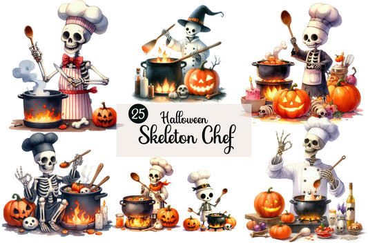 25 Halloween Skeleton Chef PNG Watercolor Cooking Skeleton Clipart Bundle