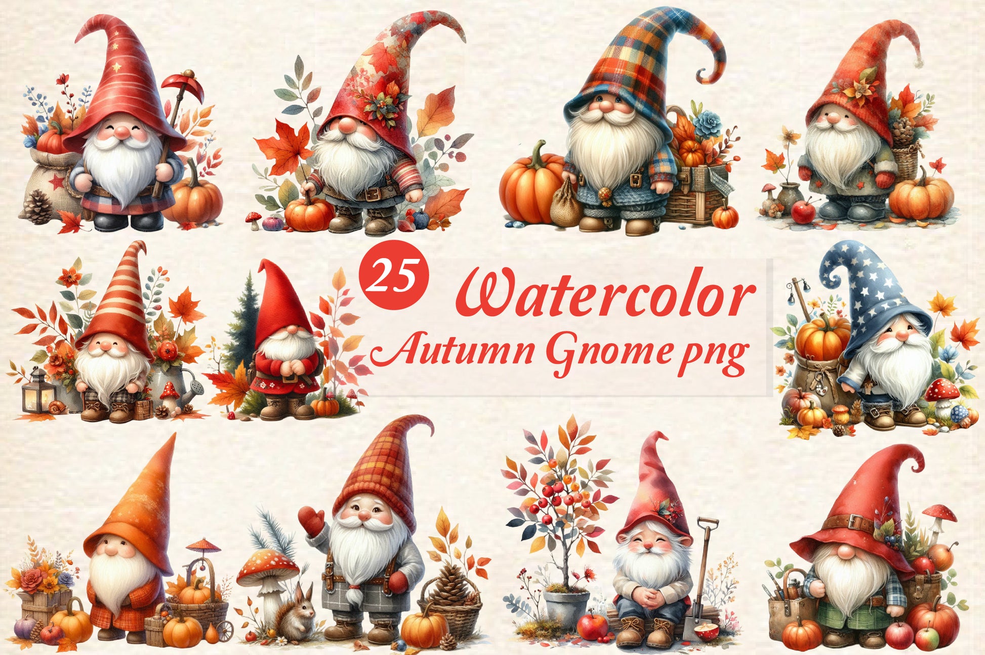25 Watercolor Autumn Gnome PNG Cute Fall Gnome Pumpkin Clipart