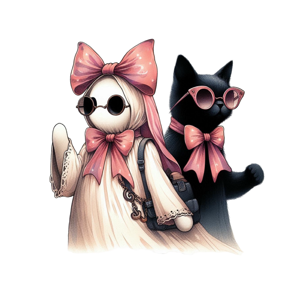 Cute Halloween Ghost Cat PNG Pink Bow Spooky Girl Clipart