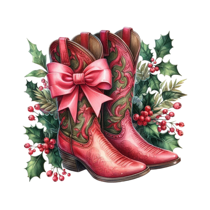 Christmas Pink Cowboy Boots PNG Sublimation Bundle Western Holiday Boots Clipart