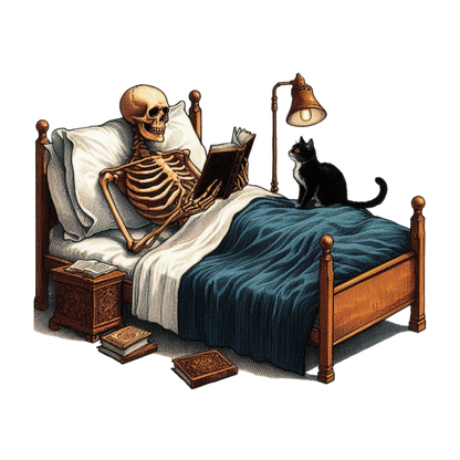 Halloween Skeleton Reading PNG Funny Skeleton with Black Cat Clipart