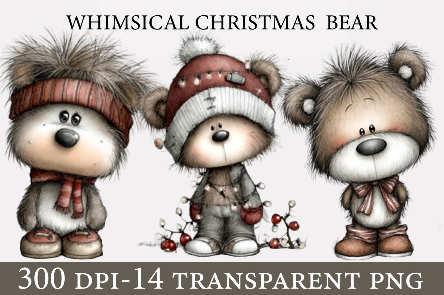 Whimsical Christmas Bear PNG | Cute Teddy Bear Holiday Clipart Bundle | 14 Transparent PNG