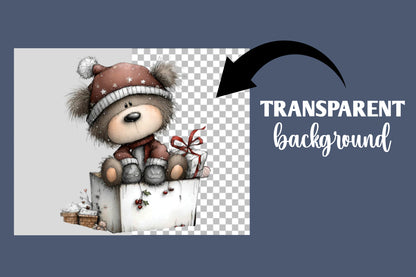 Whimsical Christmas Bear PNG | Cute Teddy Bear Holiday Clipart Bundle | 14 Transparent PNG