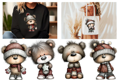 Whimsical Christmas Bear PNG | Cute Teddy Bear Holiday Clipart Bundle | 14 Transparent PNG