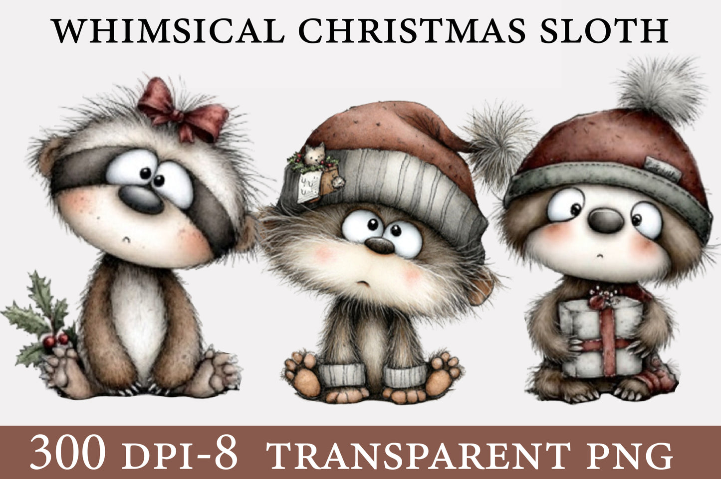 Whimsical Christmas Sloth PNG | Cute Sloth Christmas Clipart | 8 Transparent PNG