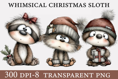 Whimsical Christmas Sloth PNG | Cute Sloth Christmas Clipart | 8 Transparent PNG