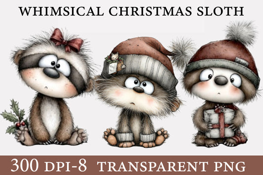 Whimsical Christmas Sloth PNG | Cute Sloth Christmas Clipart | 8 Transparent PNG