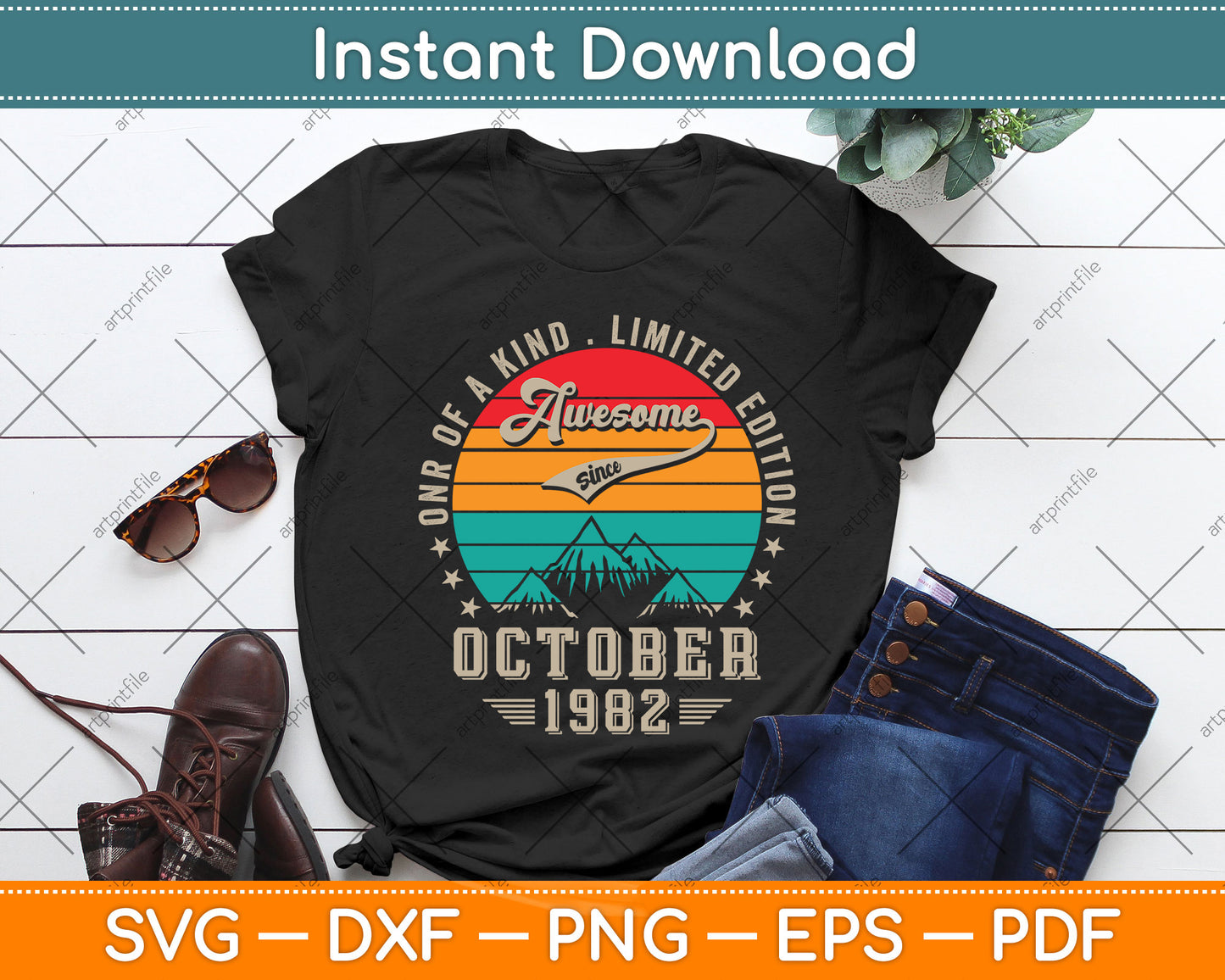 40 Year Old Awesome Since October 1982 Vintage 40th Birthday Svg Png Dxf Cutting File