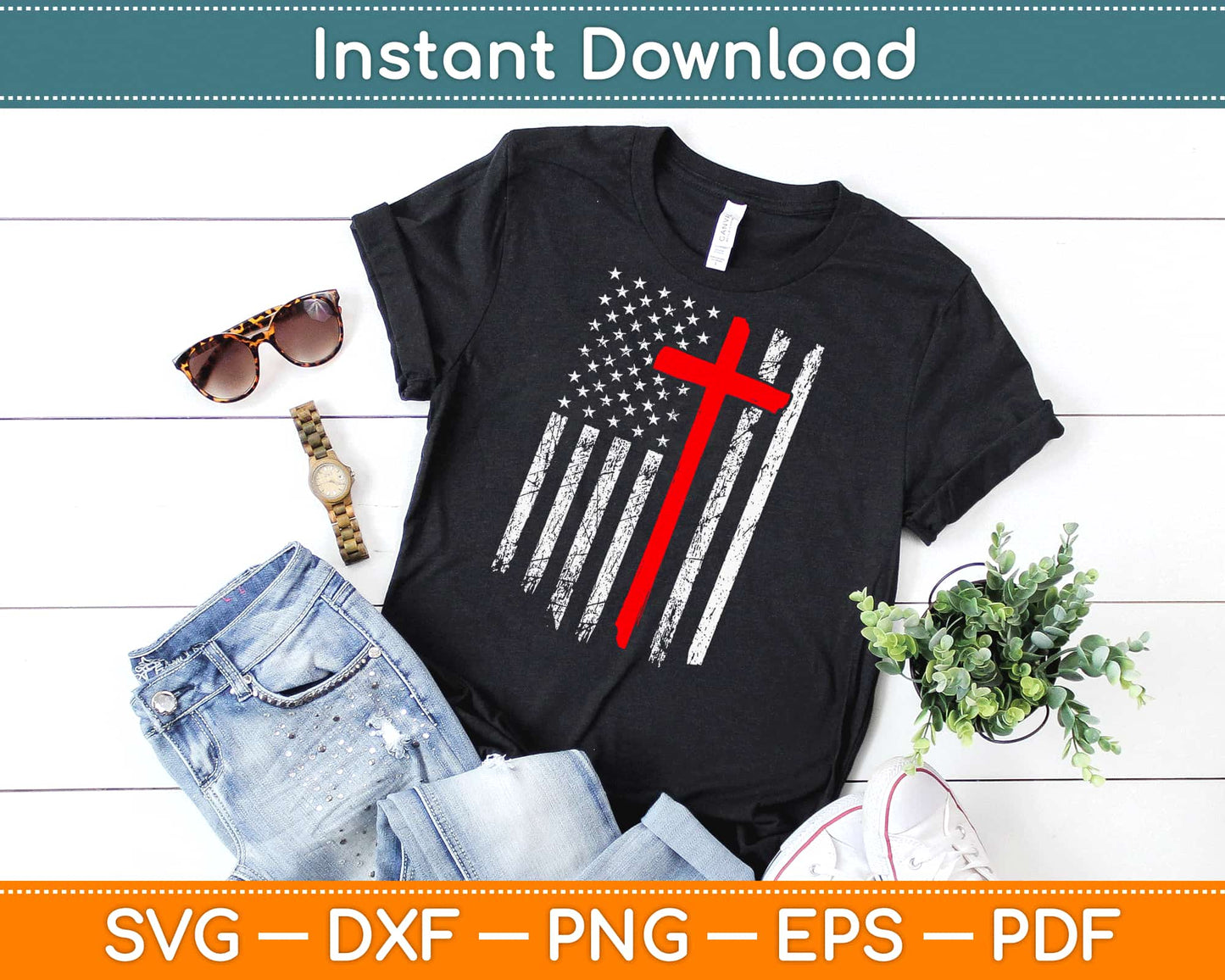 4th of July American Flag Cross Svg Design Cricut Printable Cutting Files