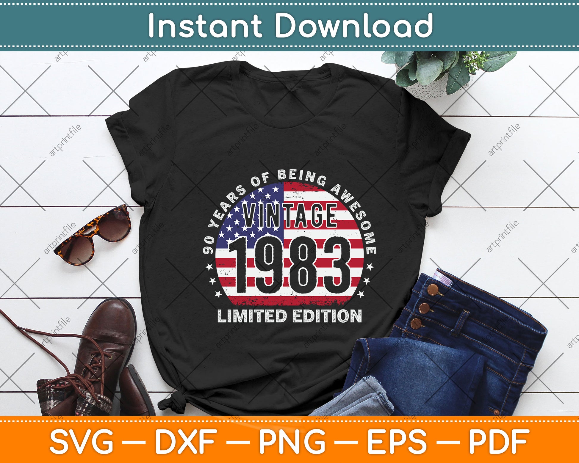 90th Birthday Gifts Vintage 1933 90 Years Old USA Flag Svg Png Dxf Digital Cutting File