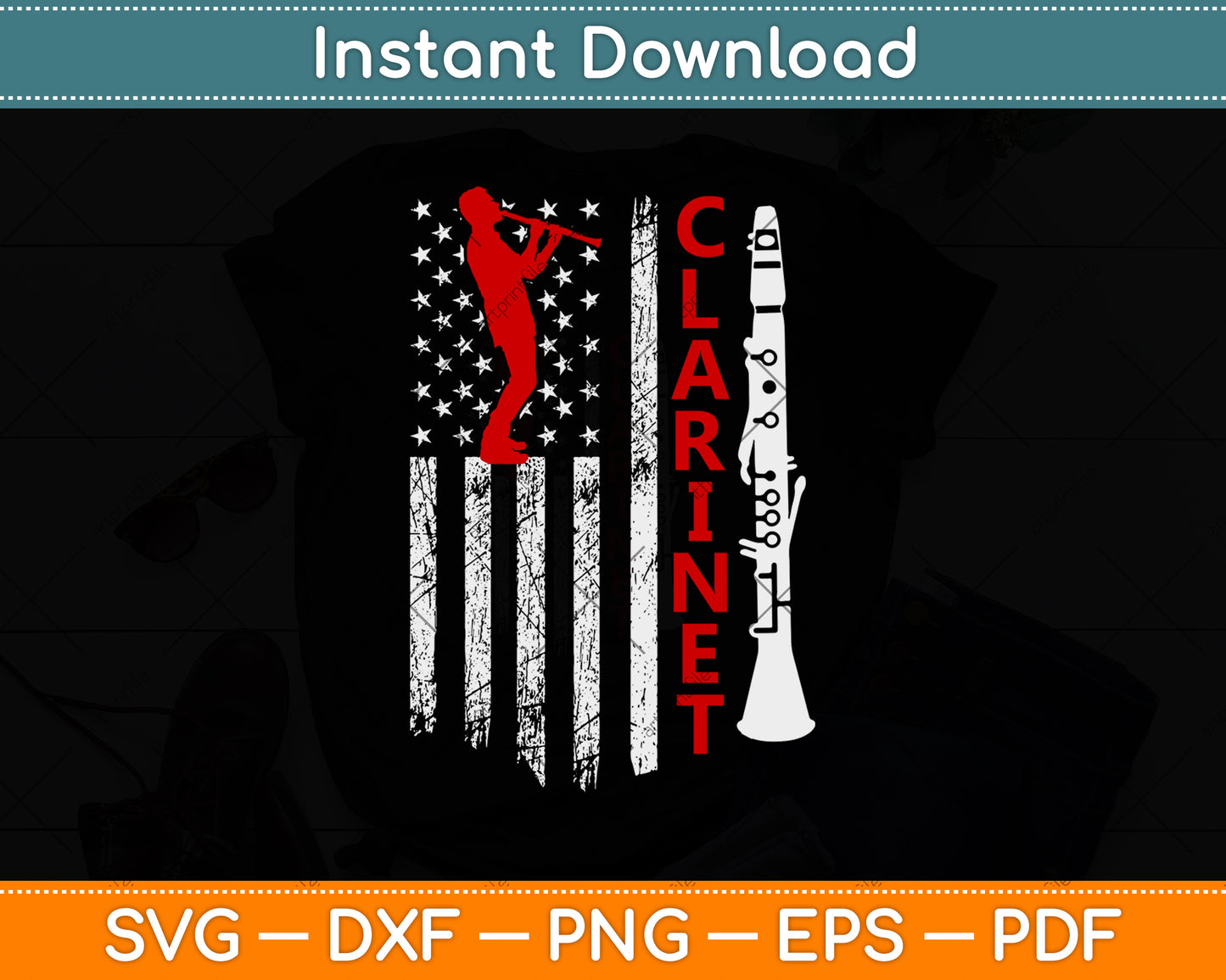 American Flag Clarinet Svg Png Dxf Digital Cutting File