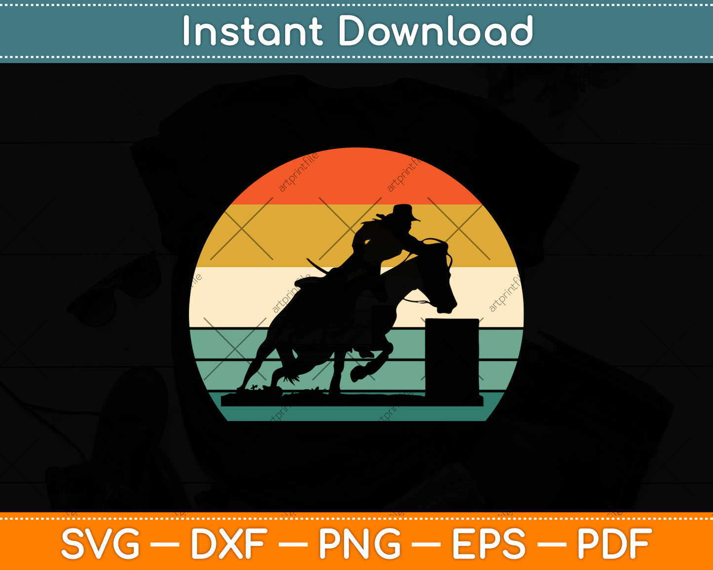 Barrel Racing - Horse Lover - Vintage Sunset Svg Png Dxf Digital Cutting File