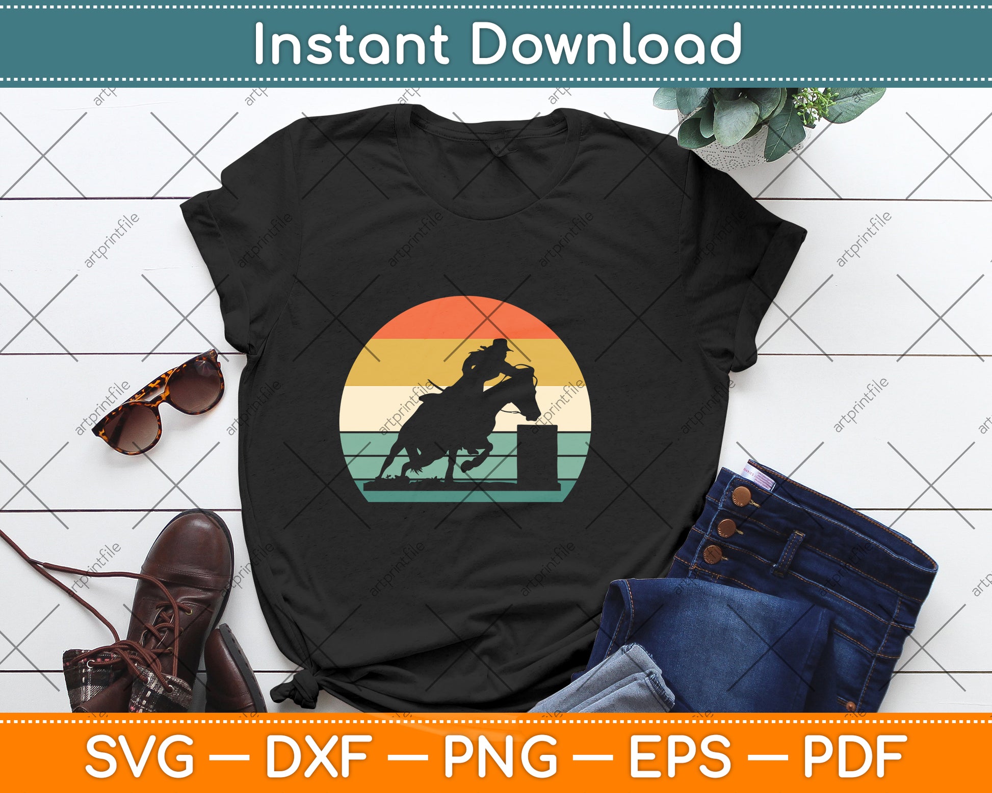 Barrel Racing - Horse Lover - Vintage Sunset Svg Png Dxf Digital Cutting File