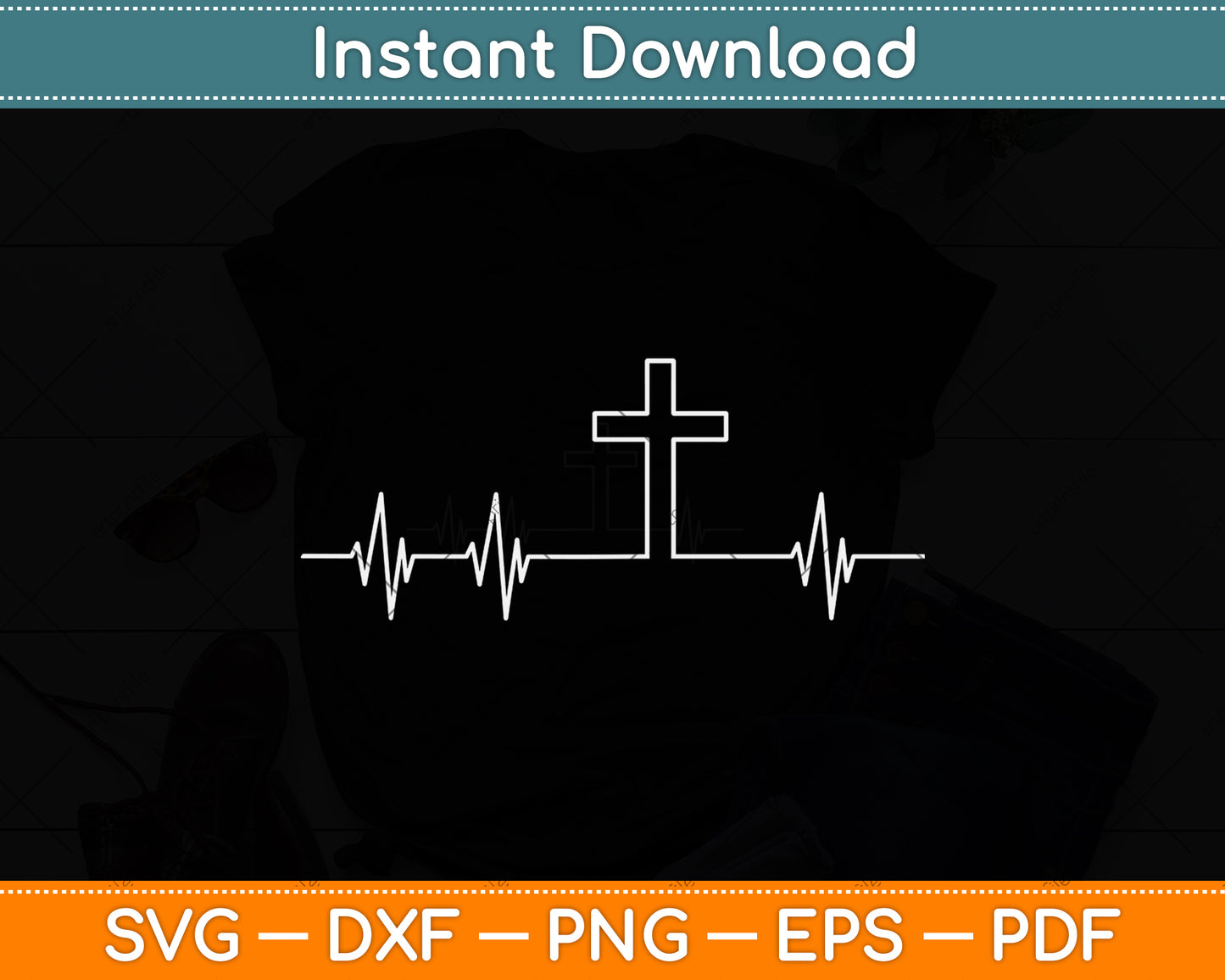 Cool Christian Cross Heartbeat Svg Png Dxf Digital Cutting File