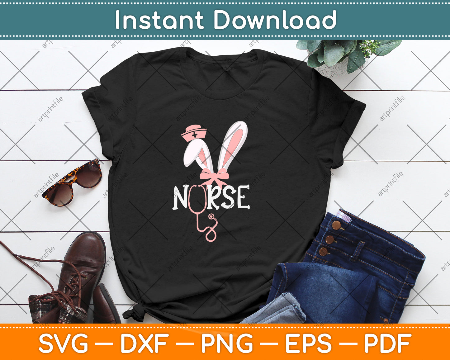 Cute Easter Nurse Bunny Ears Happy Easter Svg Png Dxf Digital Cutting File