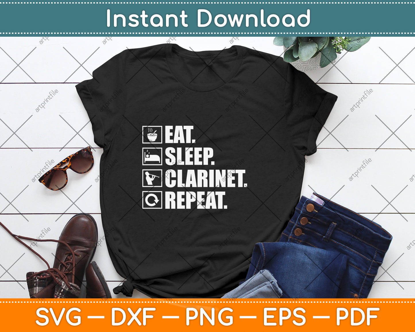 Eat Sleep Clarinet Repeat Svg Png Dxf Digital Cutting File