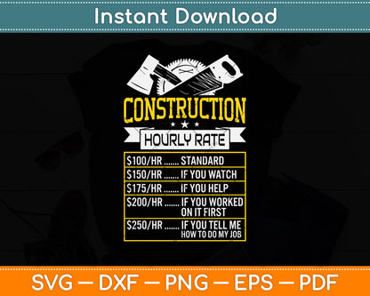 Funny Construction Hourly Rate Contractor Svg Png Dxf Digital Cutting File