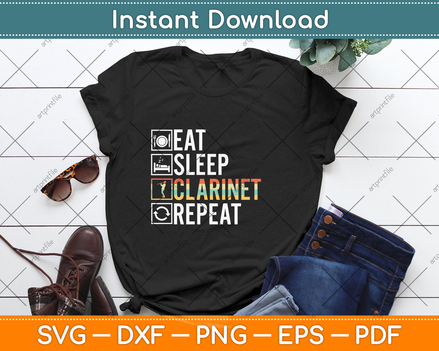 Funny Eat Sleep Clarinet Repeat Player Svg Png Dxf Digital Cutting File
