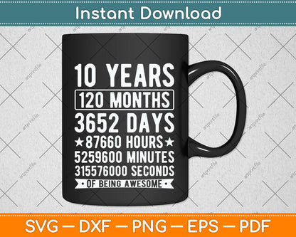 Kids' 10th Birthday 10 Years Old Vintage Retro 120 Months Svg Png Dxf Cutting File