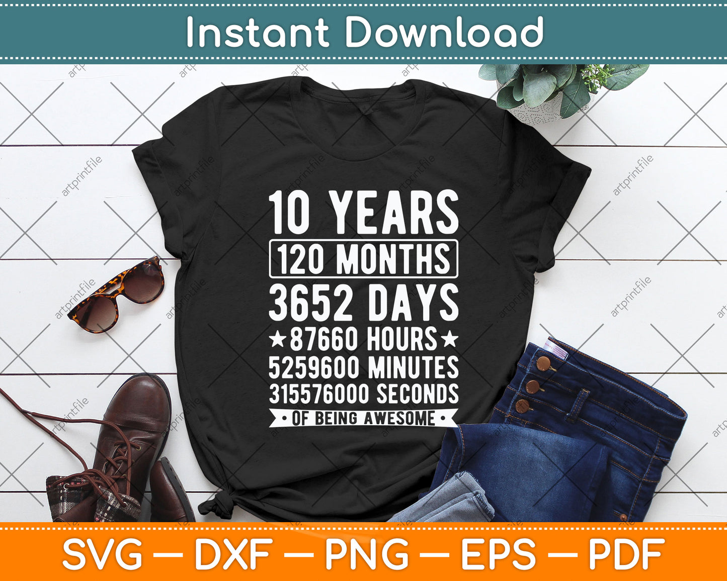 Kids' 10th Birthday 10 Years Old Vintage Retro 120 Months Svg Png Dxf Cutting File