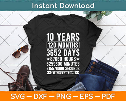 Kids' 10th Birthday 10 Years Old Vintage Retro 120 Months Svg Png Dxf Cutting File