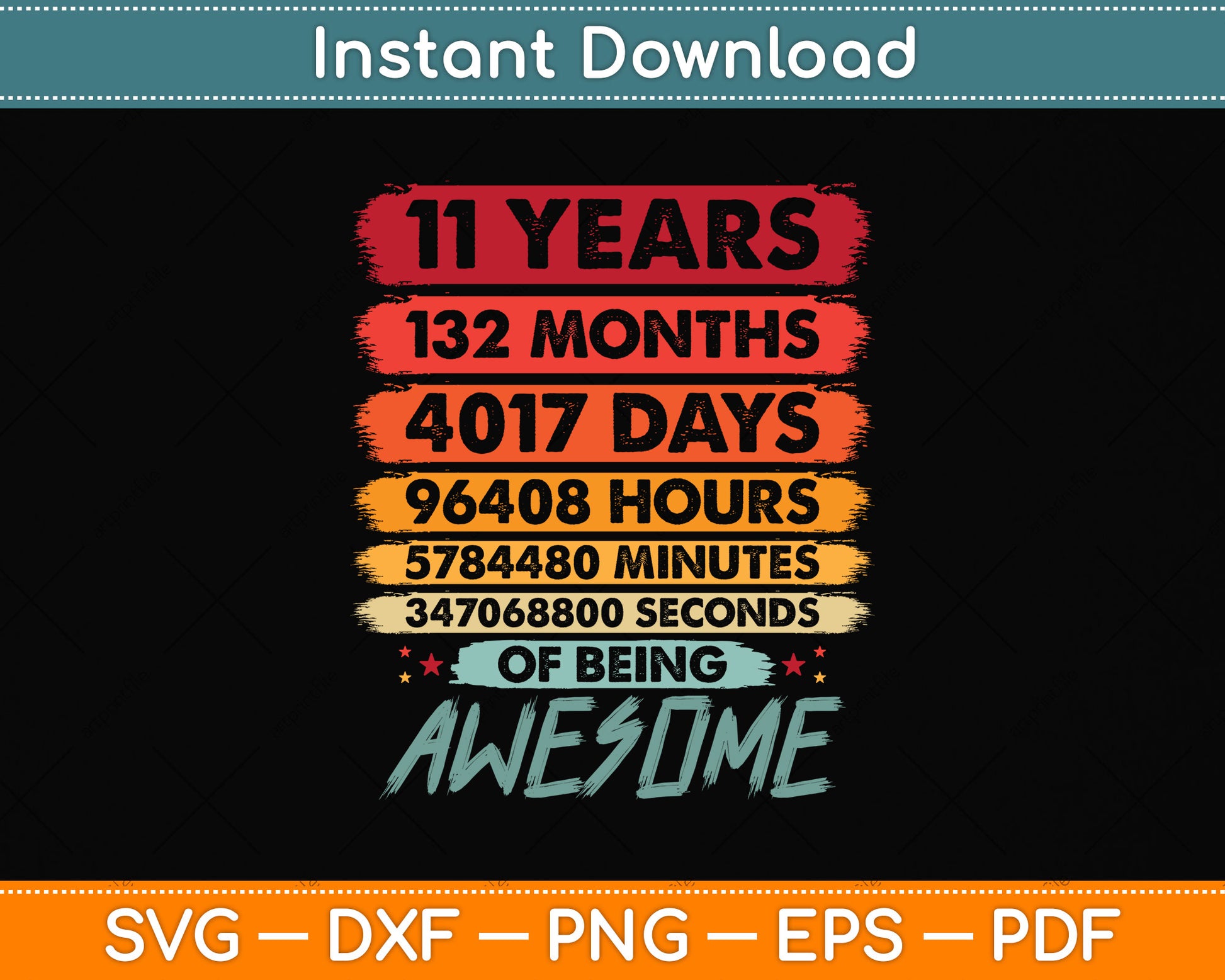 Kids' 11th Birthday 11 Years Old Vintage Retro 120 Months Svg Png Dxf Cutting File