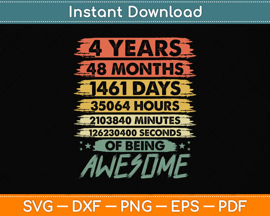 Kids' 4th Birthday 4 Years Old Vintage Retro 48 Months Svg Png Dxf Digital Cutting File