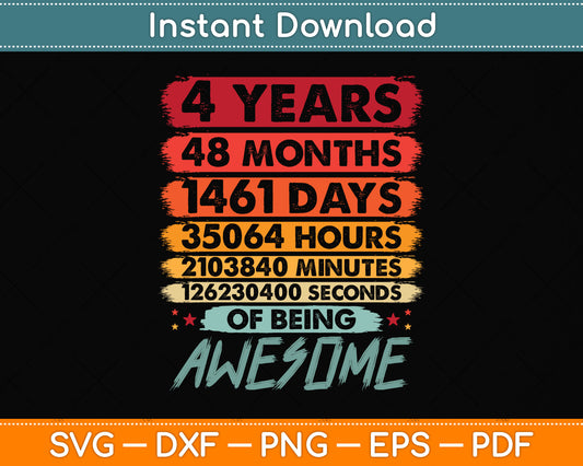 Kids' 4th Birthday 4 Years Old Vintage Retro 48 Months Svg Png Dxf Digital Cutting File