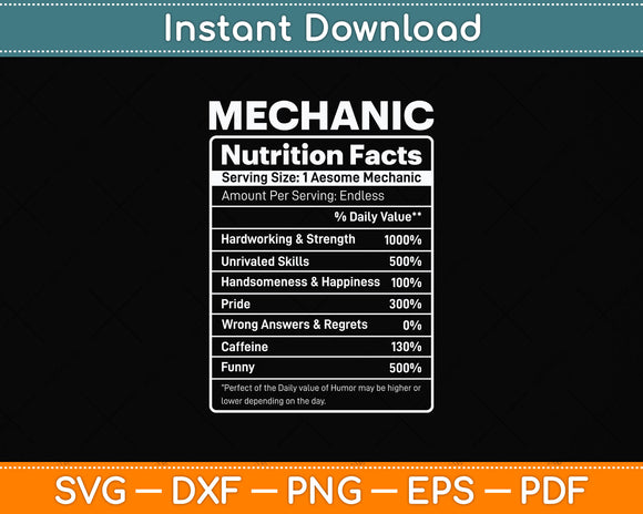 Mechanic Nutrition Facts Funny Svg Png Dxf Digital Cutting File