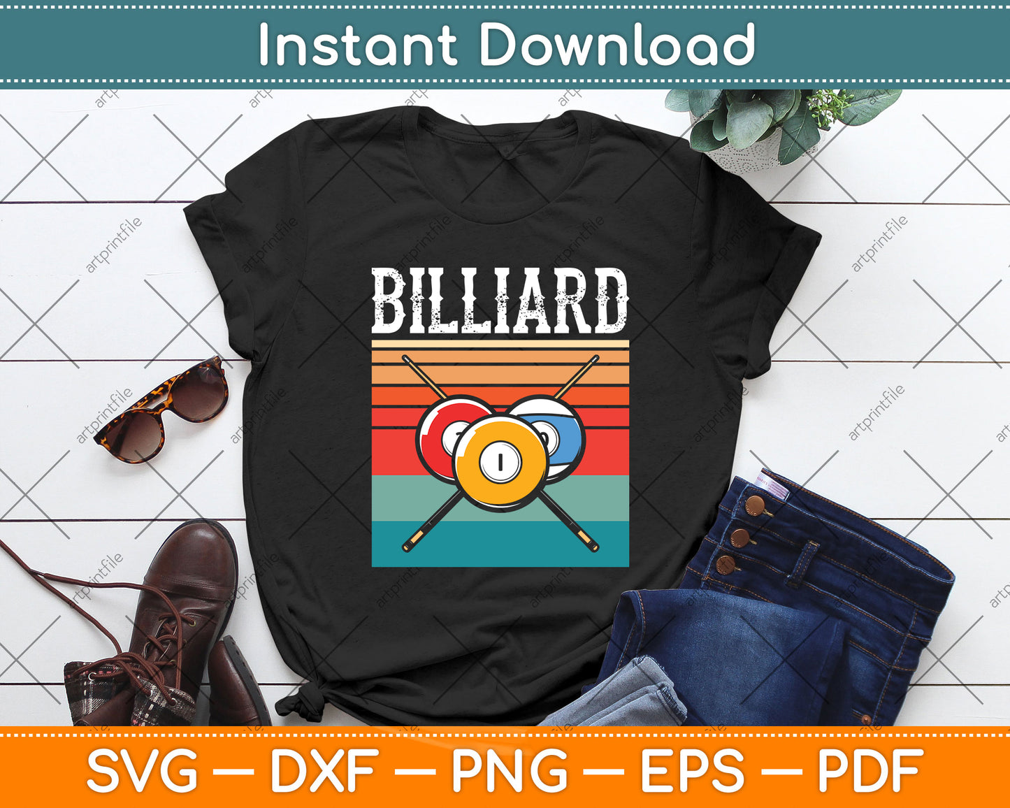 Retro Billiard Table 8-Ball Vintage Pool Snooker Players Svg Png Dxf Digital Cutting File