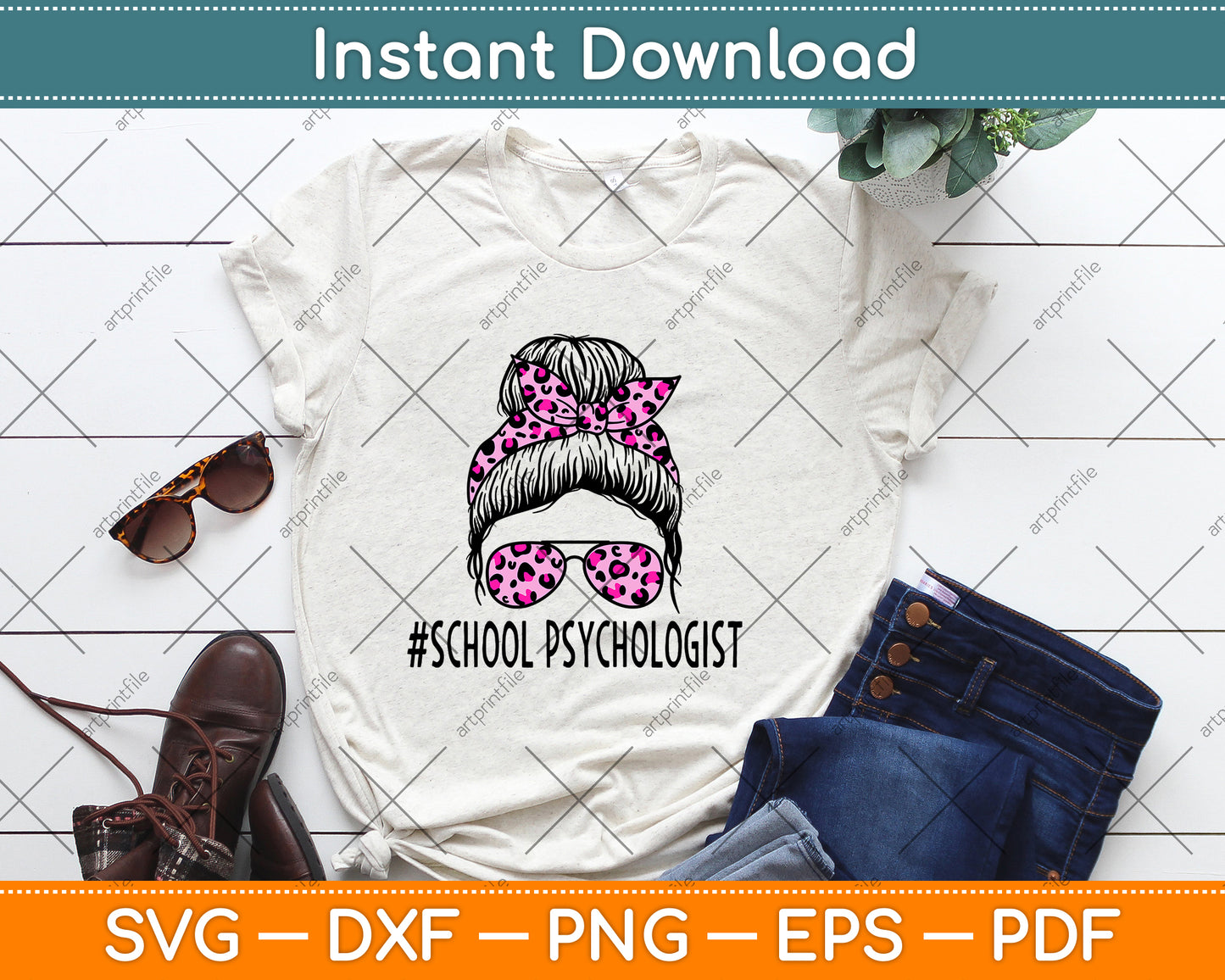 School Psychologist Leopard Messy Bun Svg Png Dxf Digital Cutting File