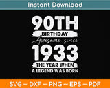 Vintage 1933 Limited Edition 90 Year Old Gifts 90th Birthday Svg Png Dxf Cutting File
