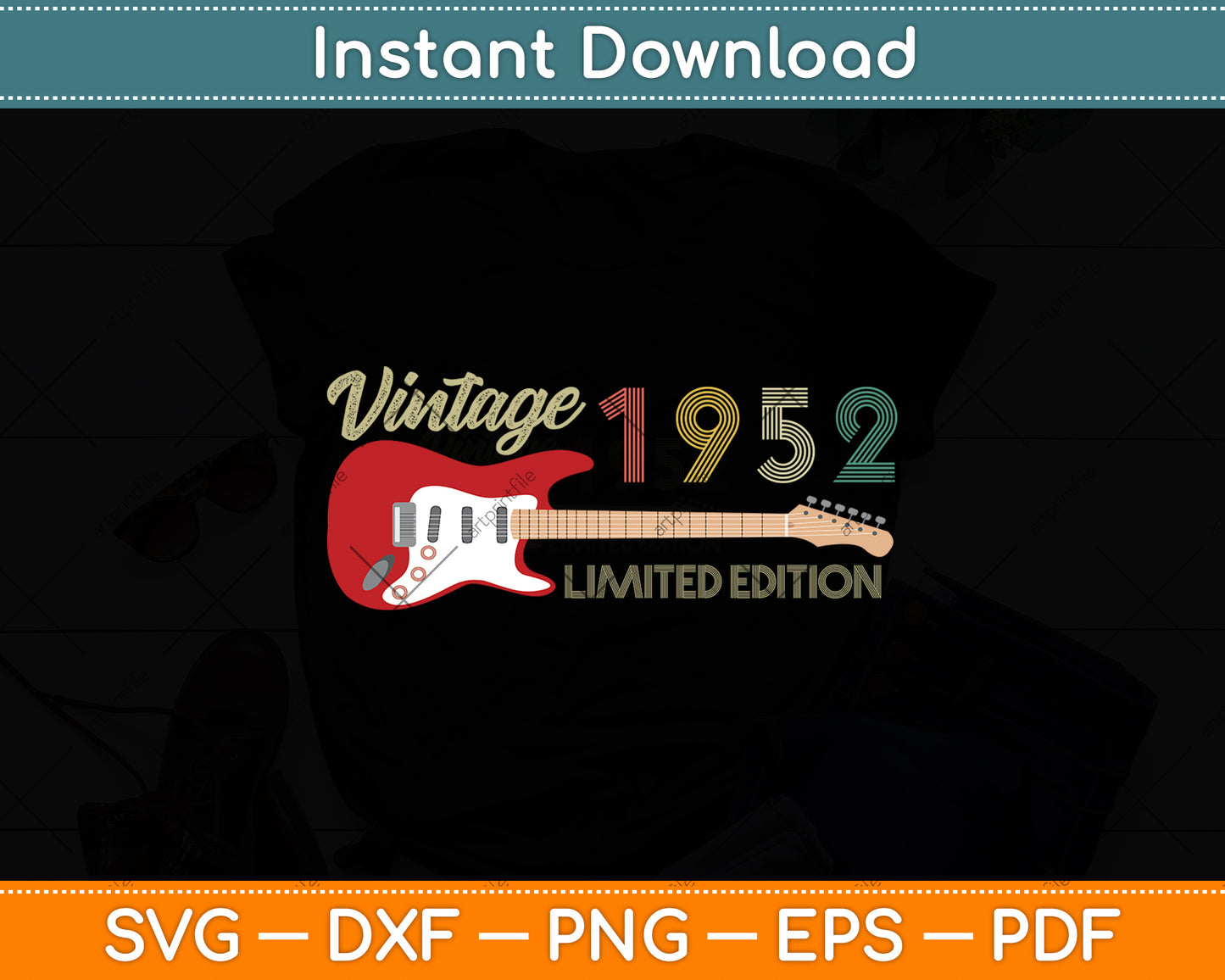 Vintage 1952 Birthday gifts - Guitar lovers 70th Birthday Svg Png Dxf Digital Cutting File