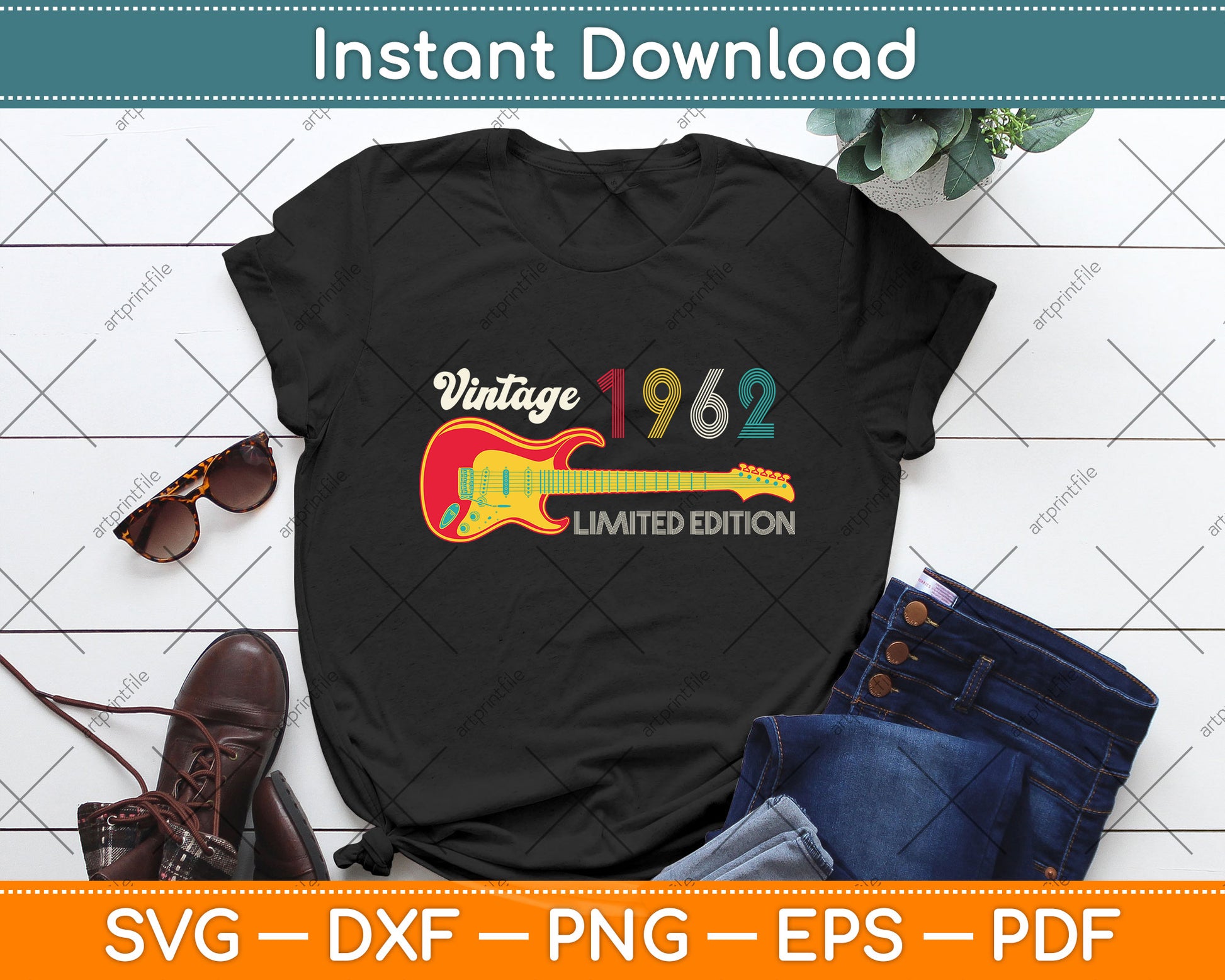 Vintage 1962 Birthday gifts Guitar lover's 60th Birthday Svg Png Dxf Digital Cutting File