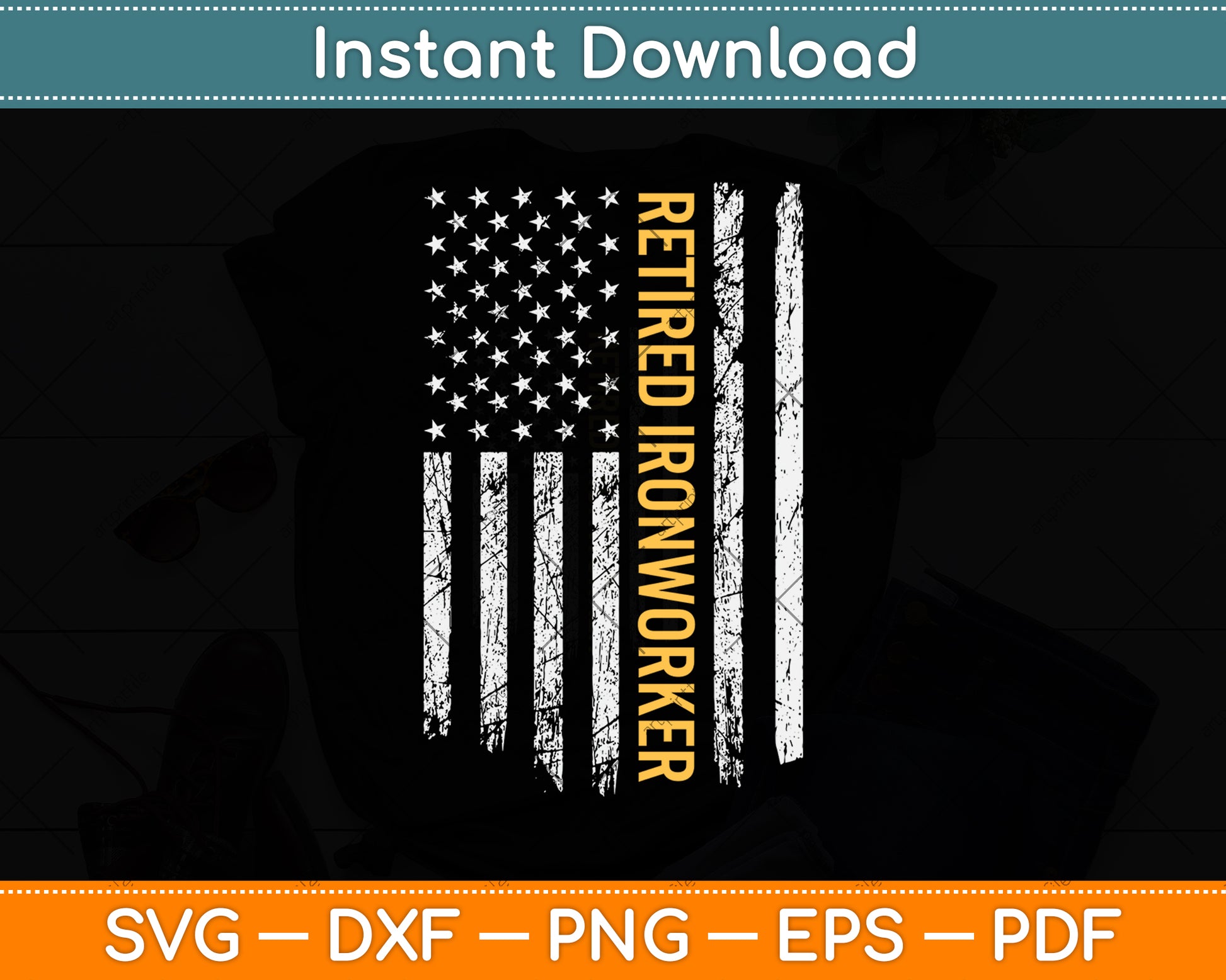 Vintage American Flag Retired Ironworker Funny Svg Png Dxf Digital Cutting File