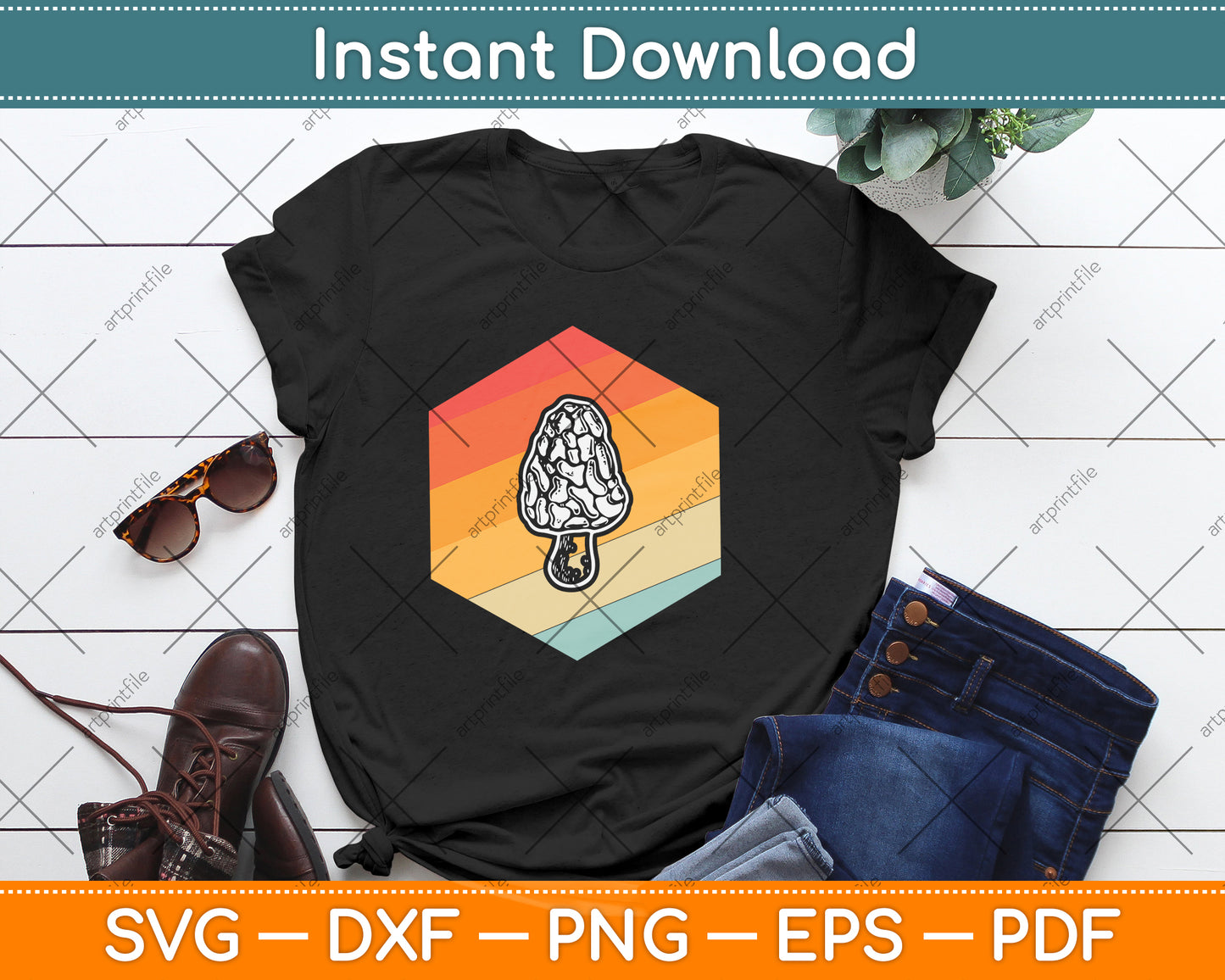 Vintage Retro Morel Mushroom Svg Png Dxf Digital Cutting File