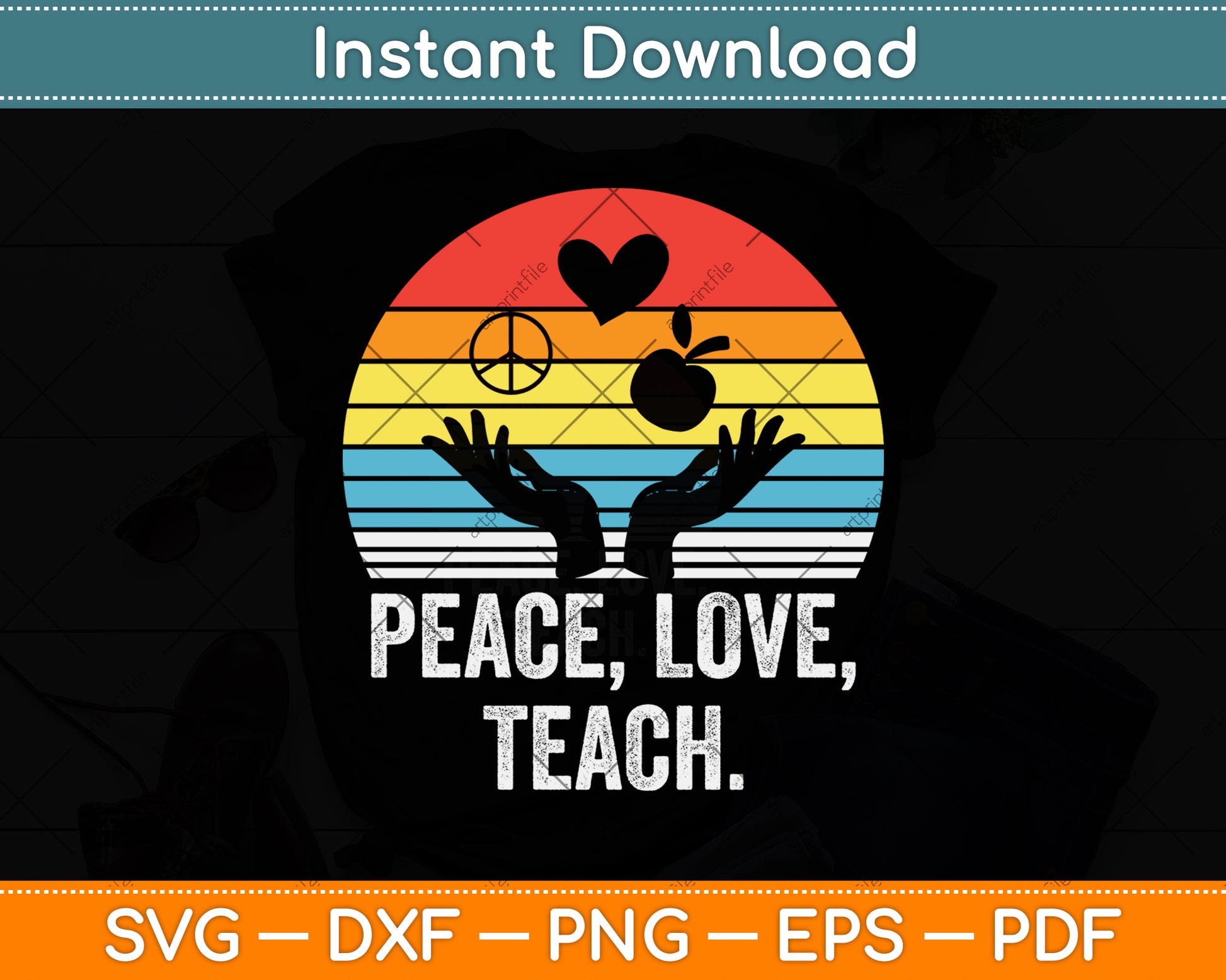 Vintage Retro Peace Love Teach Funny Teacher Svg Png Dxf Digital Cutting File