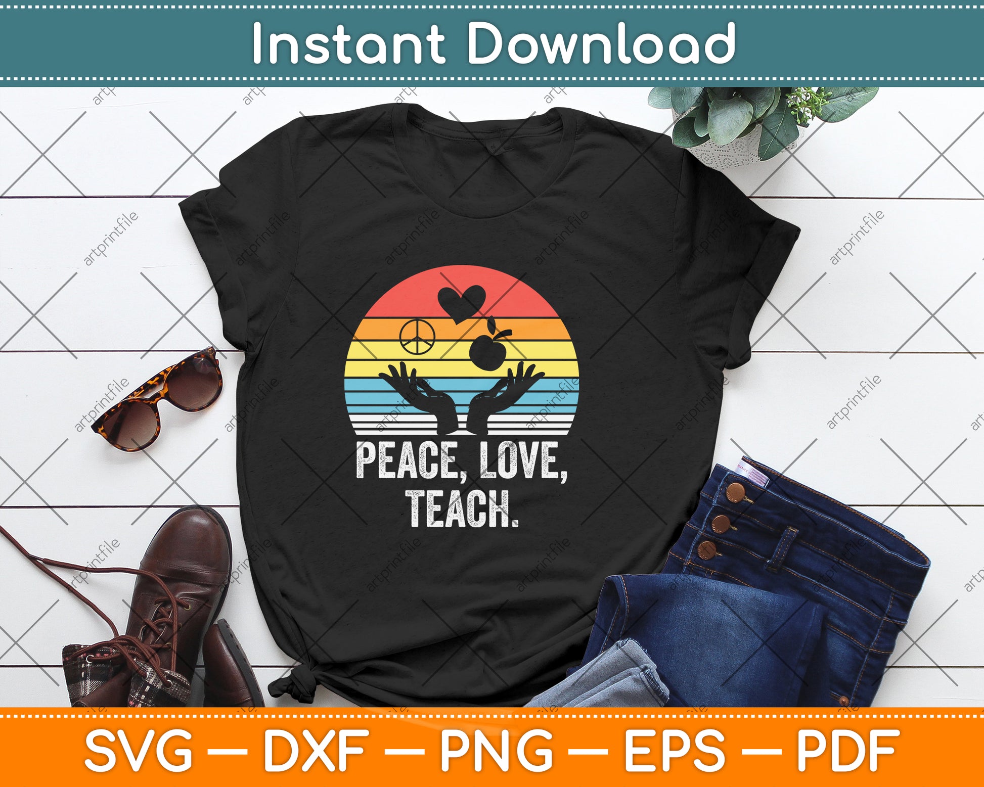 Vintage Retro Peace Love Teach Funny Teacher Svg Png Dxf Digital Cutting File