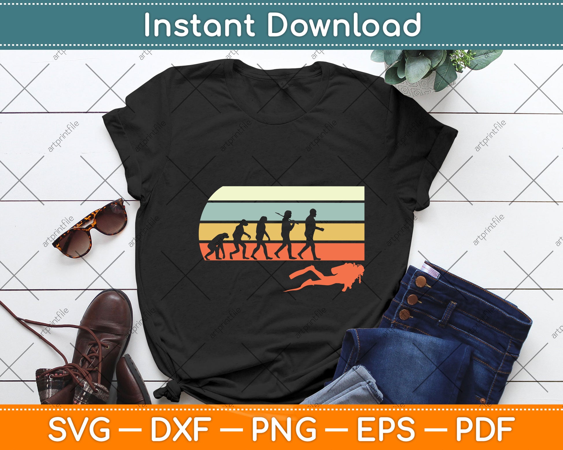 Vintage Retro Scuba Diver Svg Png Dxf Digital Cutting File