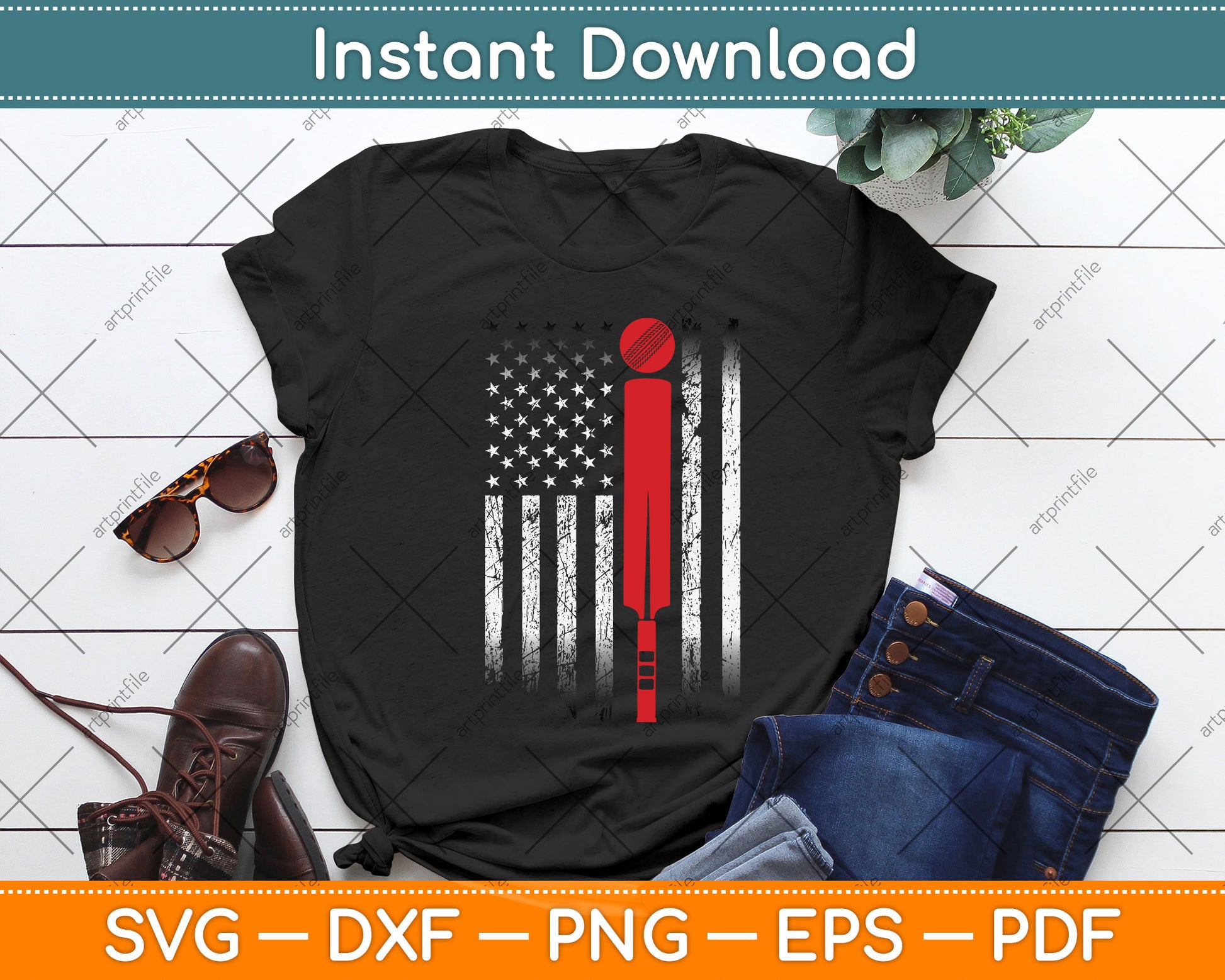 Vintage USA Cricket American Flag Cricketer Funny Svg Png Dxf Digital Cutting File