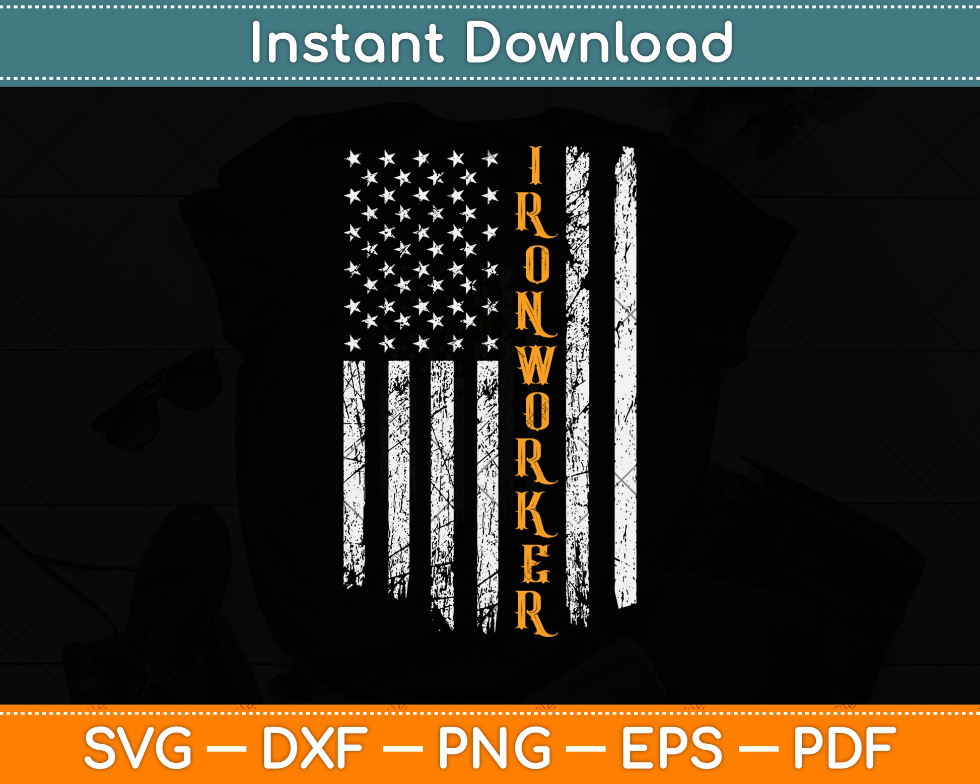 Vintage USA Ironworker American Flag Svg Png Dxf Digital Cutting File