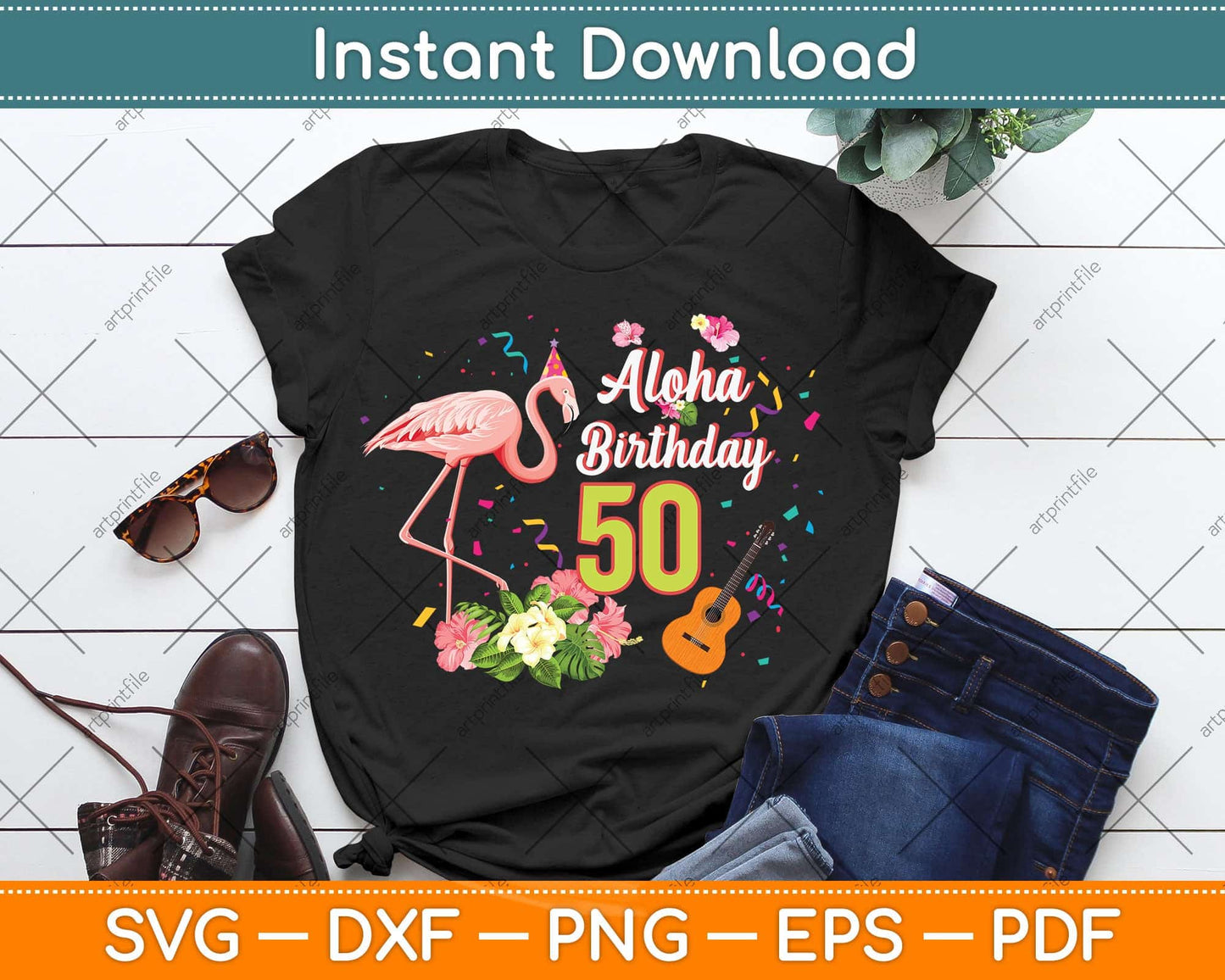 Aloha Hawaii 50th Birthday 50 Years Old Flamingo Hawaiian Svg Png Dxf Cutting File