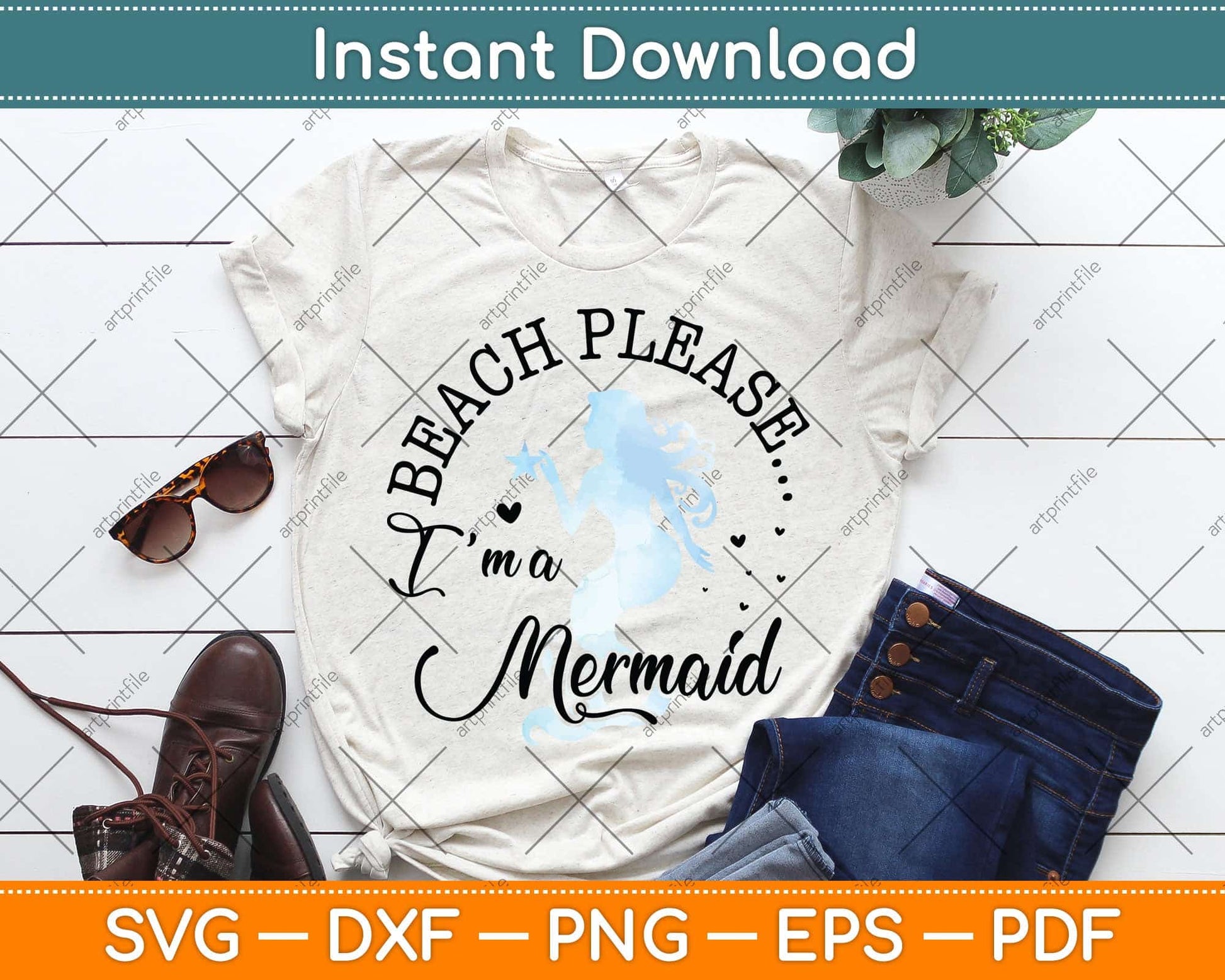 Aqua Blue Watercolor Beach Please I'm a Mermaid Svg Png Dxf Digital Cutting File