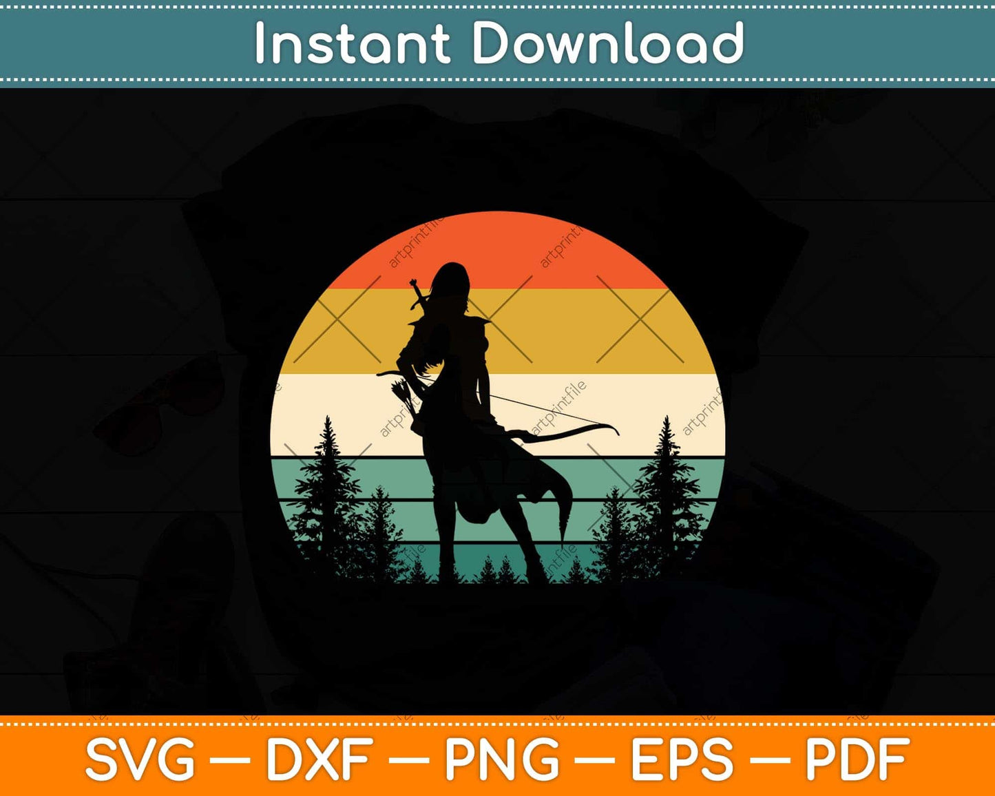 Archery Girl Archer Bow Vintage Retro Sunset Svg Png Dxf Digital Cutting File