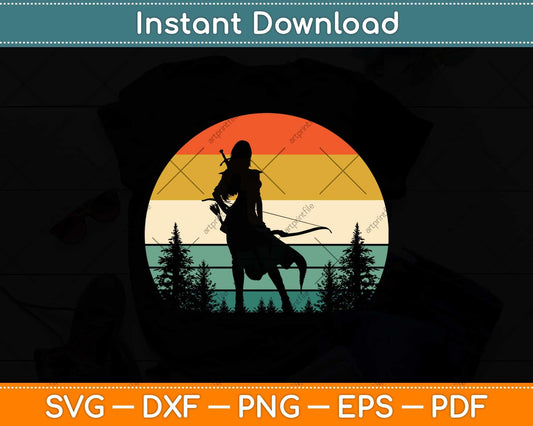 Archery Girl Archer Bow Vintage Retro Sunset Svg Png Dxf Digital Cutting File