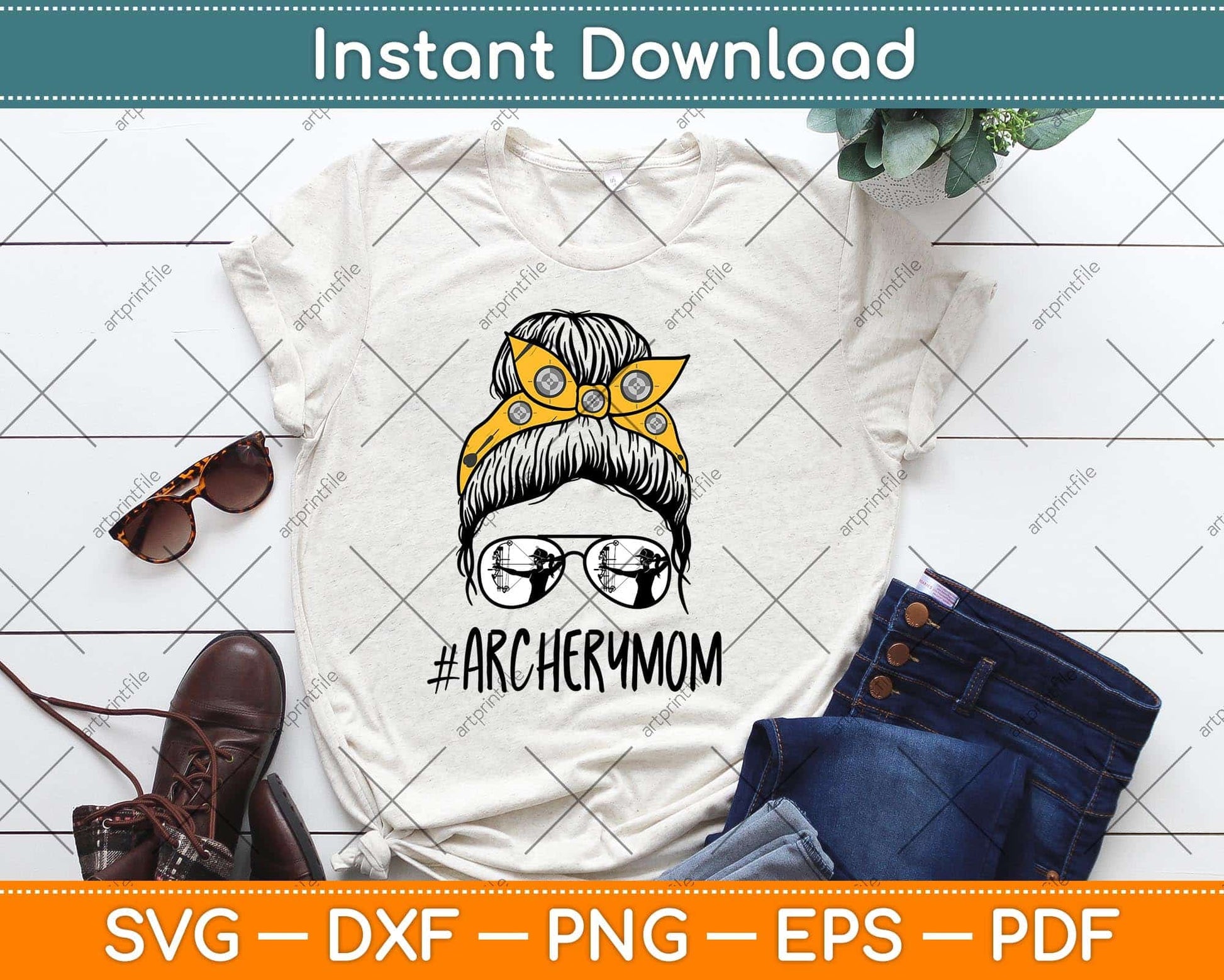 Archery Mom Life Messy Bun Hair Glasses Svg Png Dxf Digital Cutting File