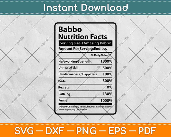 Babbo Nutrition Facts Father's Day Svg Png Dxf Digital Cutting Files