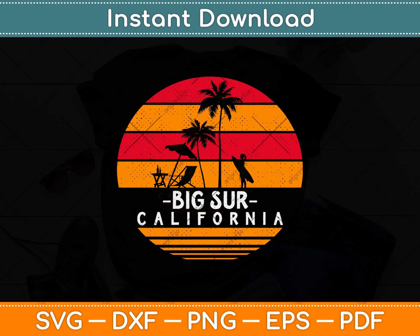 Big Sur California Surfing Waves Beach Retro Svg Png Dxf Digital Cutting File