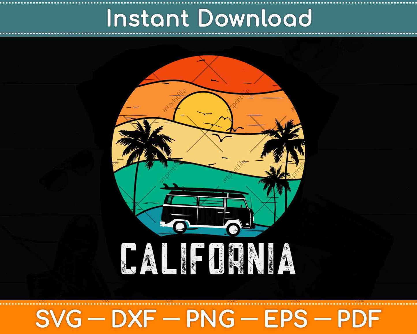 California Retro Surf Vintage Van Surfer Surfing Svg Png Dxf Digital Cutting File