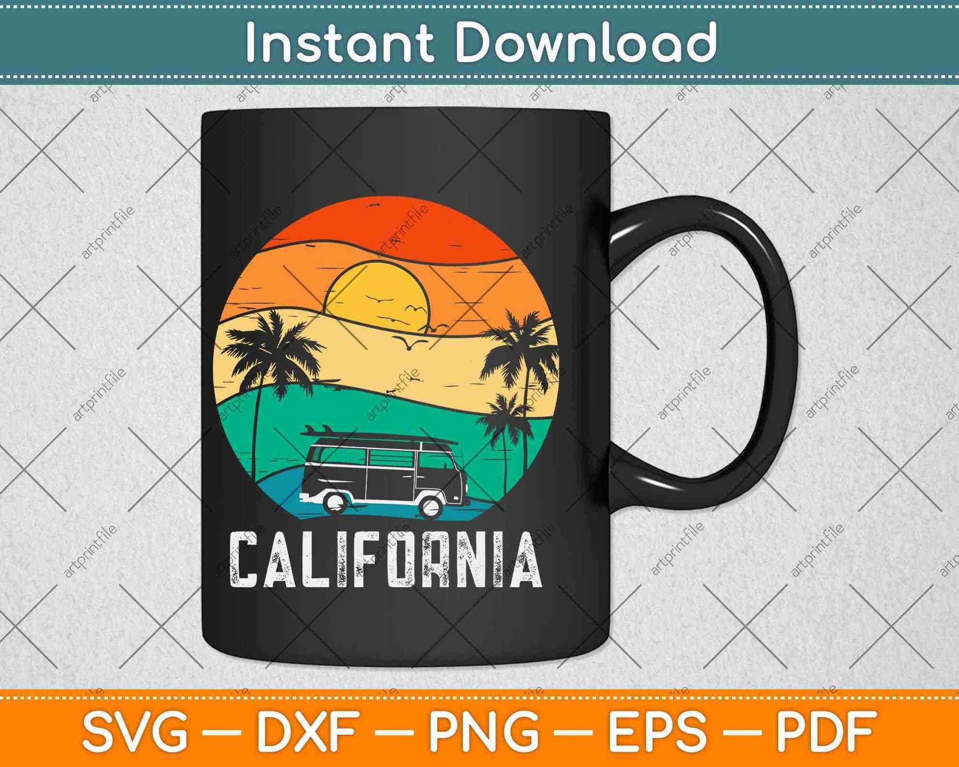 California Retro Surf Vintage Van Surfer Surfing Svg Png Dxf Digital Cutting File